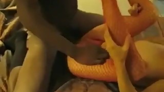 Hotwife wearing red fishnets lets her bull to nut in her pussy